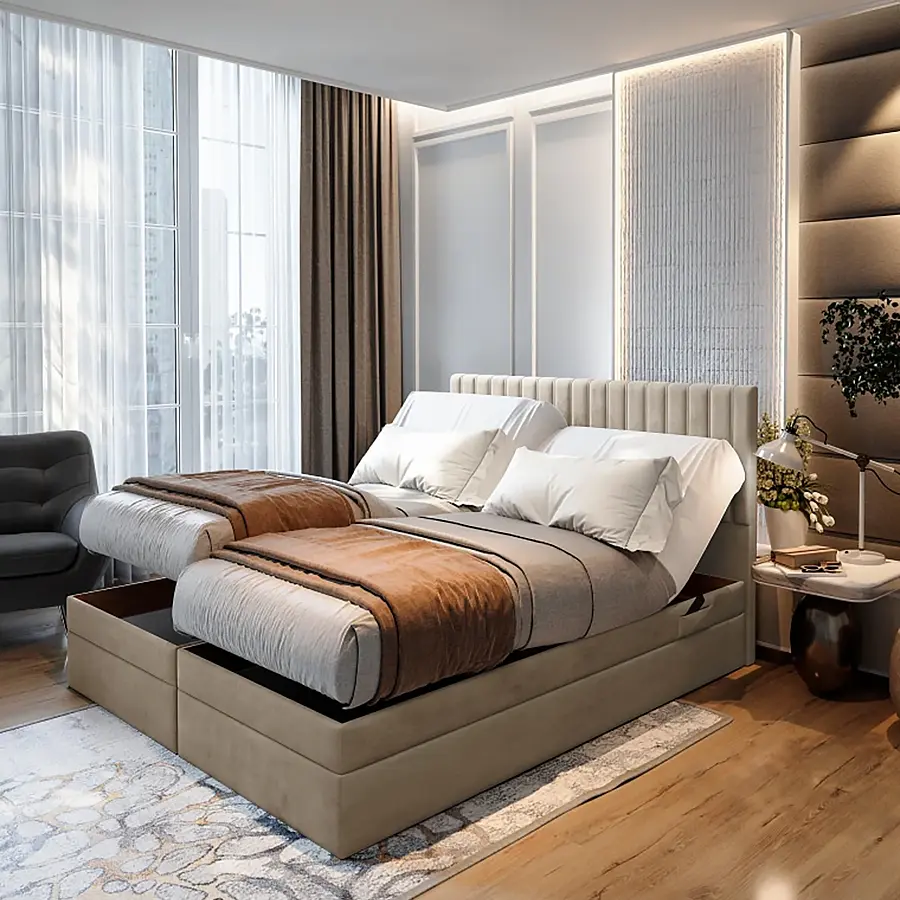 Continentalbett elektrisch mit Bettkasten Adele Beige