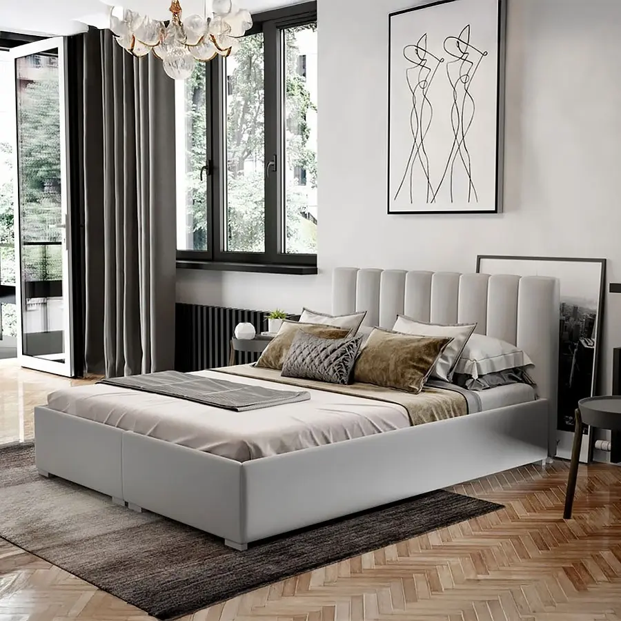 Polsterbett Can Grau – mit Bettkasten und Holzfüßen